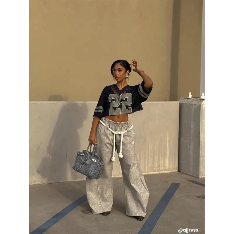 Korean Women Sports Aesthetics Wide Leg Slacks Solid Color K-pop Loose Casual Drawstring Elastic Waistband Autumn Street Pants