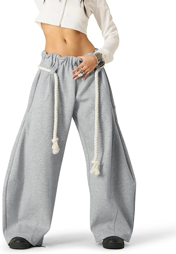 Korean Women Sports Aesthetics Wide Leg Slacks Solid Color K-pop Loose Casual Drawstring Elastic Waistband Autumn Street Pants